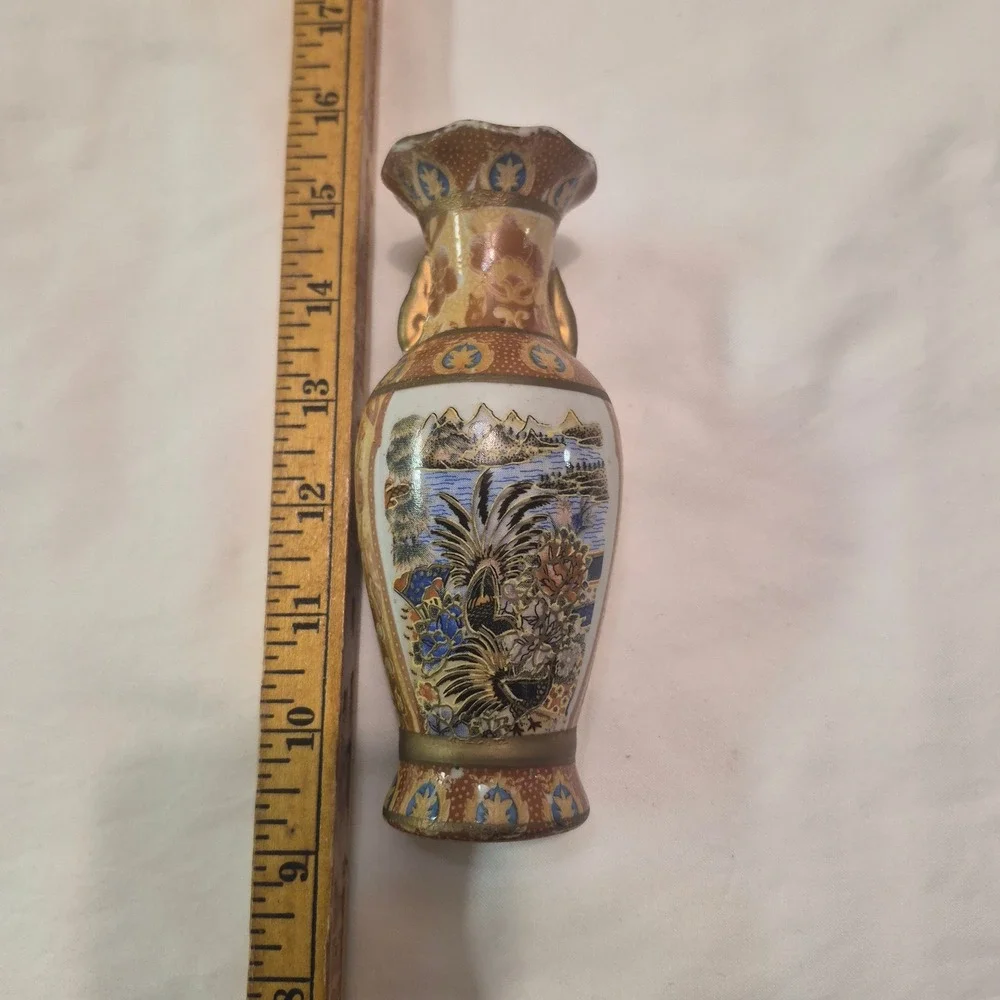 Vintage Chinese Porcelain Vase Hand Painted Landscape Gold Gilded 7 Inch Decor